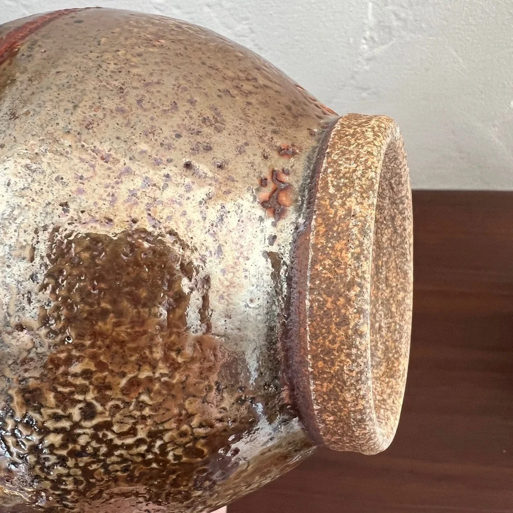 Stoneware hand made vase metallic glaze bronze orange mid century pottery